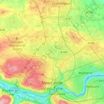 Carte topographique Newcastle upon Tyne, altitude, relief