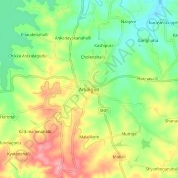 Carte topographique Arkalgud, altitude, relief