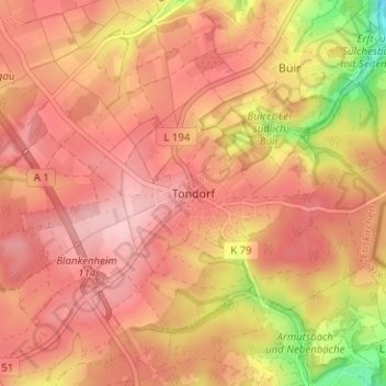 Carte topographique Tondorf, altitude, relief
