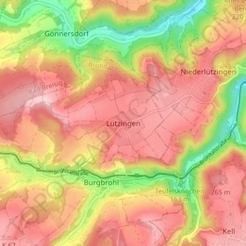 Carte topographique Lützingen, altitude, relief