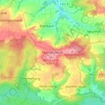 Carte topographique Tauchersreuth, altitude, relief