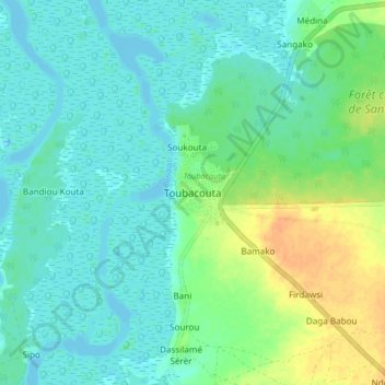 Carte topographique Toubacouta, altitude, relief