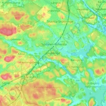 Carte topographique Huddinge, altitude, relief
