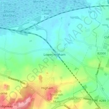Carte topographique Lower Higham, altitude, relief