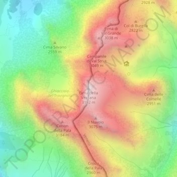 Carte topographique Cima della Vezzana, altitude, relief