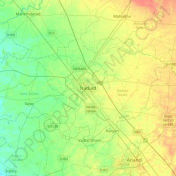 Carte topographique Nadiad, altitude, relief