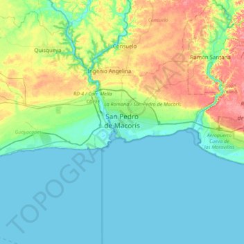 Carte topographique San Pedro de Macorís, altitude, relief