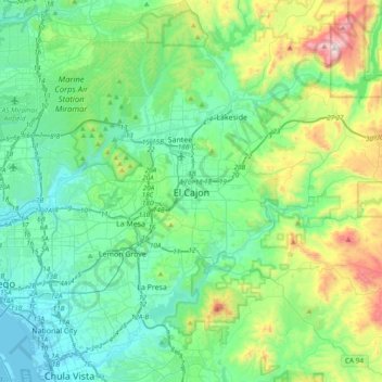 Carte topographique El Cajon, altitude, relief
