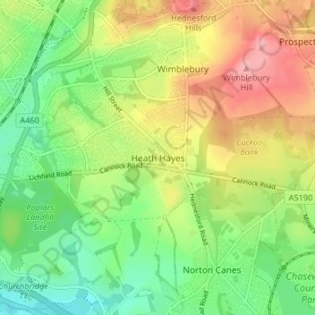 Carte topographique Heath Hayes, altitude, relief
