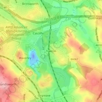 Carte topographique Treeton, altitude, relief