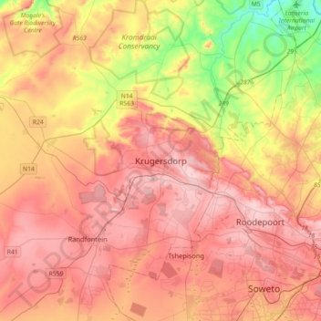 Carte topographique Krugersdorp, altitude, relief