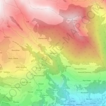 Carte topographique Verrogne, altitude, relief