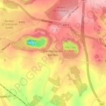 Carte topographique Stanton under Bardon, altitude, relief