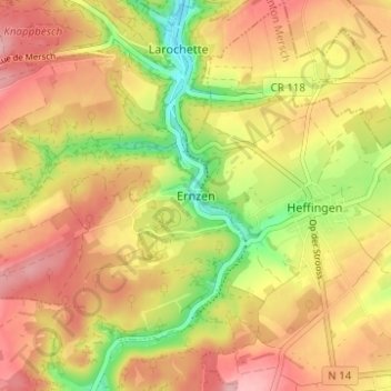 Carte topographique Ernzen, altitude, relief