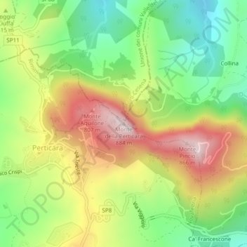 Carte topographique Monte della Perticara, altitude, relief