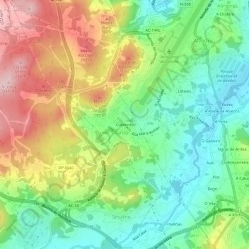 Carte topographique Culleredo, altitude, relief