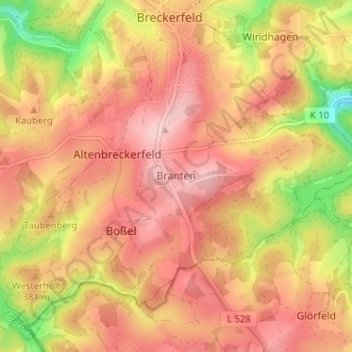 Carte topographique Branten, altitude, relief