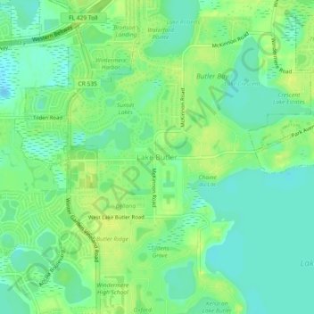Carte topographique Lake Butler, altitude, relief
