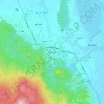 Carte topographique Glamoč, altitude, relief