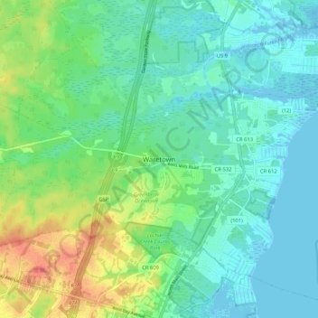 Carte topographique Waretown, altitude, relief