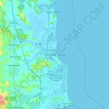 Carte topographique Sunshine Coast, altitude, relief