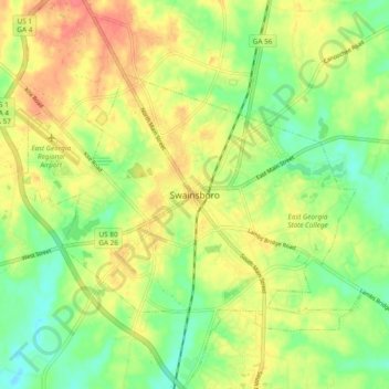 Carte topographique Swainsboro, altitude, relief