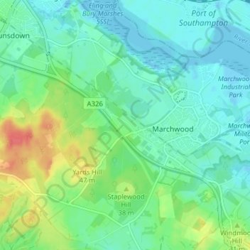 Carte topographique Pooksgreen, altitude, relief