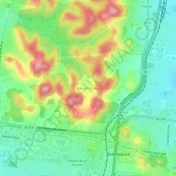 Carte topographique Oak Hill Estates, altitude, relief