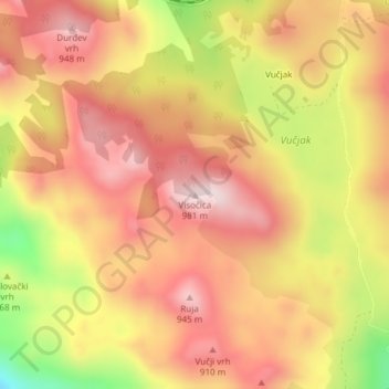 Carte topographique Visočica, altitude, relief