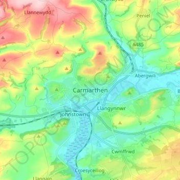 Carte topographique Carmarthen, altitude, relief