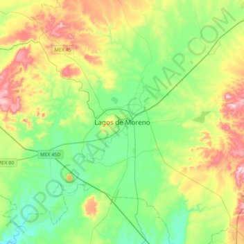 Carte topographique Lagos de Moreno, altitude, relief