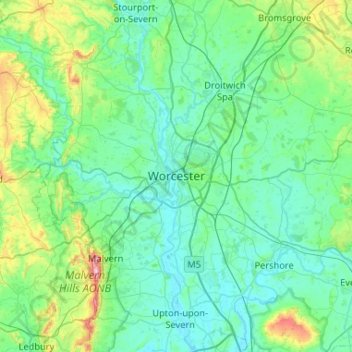 Carte topographique Worcester, altitude, relief