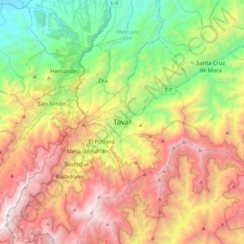 Carte topographique Tovar, altitude, relief