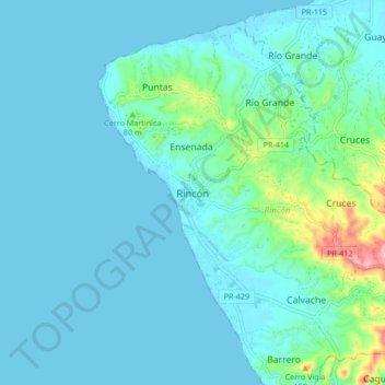 Carte topographique Rincón, altitude, relief