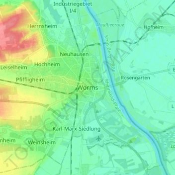 Carte topographique Worms, altitude, relief