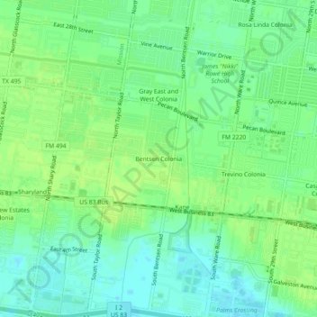 Carte topographique Bentsen Colonia, altitude, relief