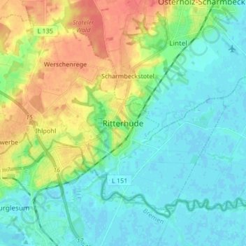 Carte topographique Ritterhude, altitude, relief
