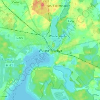 Carte topographique Waren (Müritz), altitude, relief