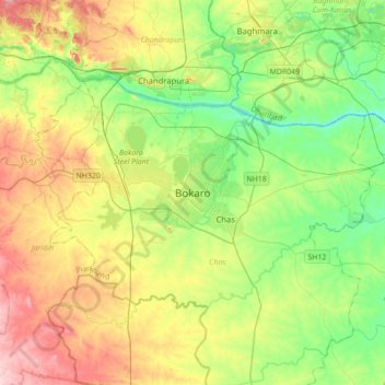 Carte topographique Bokaro, altitude, relief