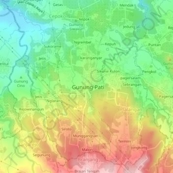 Carte topographique Gunungpati, altitude, relief