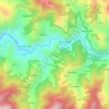 Carte topographique Kothila, altitude, relief