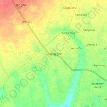 Carte topographique Golo-Djigbé, altitude, relief