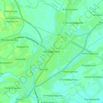 Carte topographique Amalapuram, altitude, relief