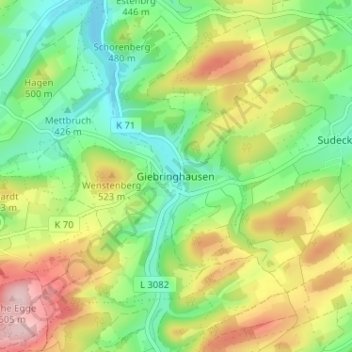 Carte topographique Giebringhausen, altitude, relief