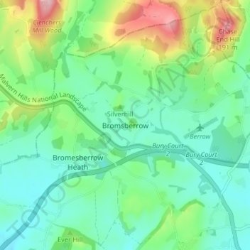 Carte topographique Bromsberrow, altitude, relief