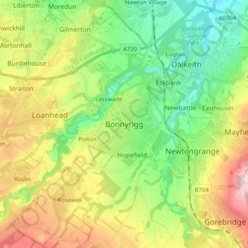 Carte topographique Bonnyrigg, altitude, relief
