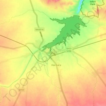 Carte topographique Dhari, altitude, relief