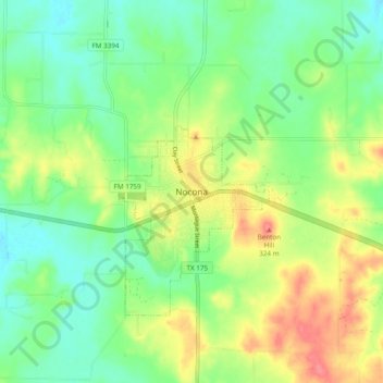 Carte topographique Nocona, altitude, relief