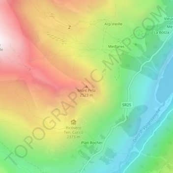 Carte topographique Mont Pela, altitude, relief
