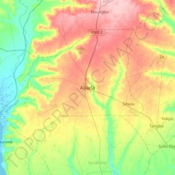 Carte topographique Allada, altitude, relief